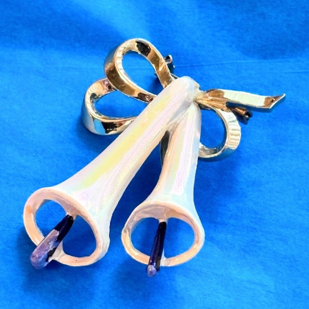 Pearl White Enamel Bell Brooch Blue Purple Gold Bow Lily of the Valley Vintage